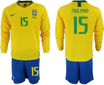 Brazil 15 PAULINHO Home 2018 FIFA World Cup Long Sleeve Soccer Jersey