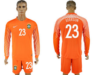 Brazil 23 EDERSON Orange Goalkeeper 2018 FIFA World Cup Long Sleeve Soccer Jersey