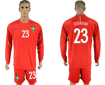 Brazil 23 EDERSON Red Goalkeeper 2018 FIFA World Cup Long Sleeve Soccer Jersey