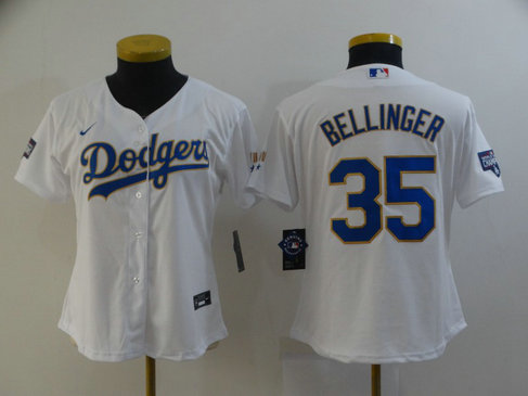 Dodgers 35 Cody Bellinger White Women Nike 2021 Gold Program Cool Base Jersey
