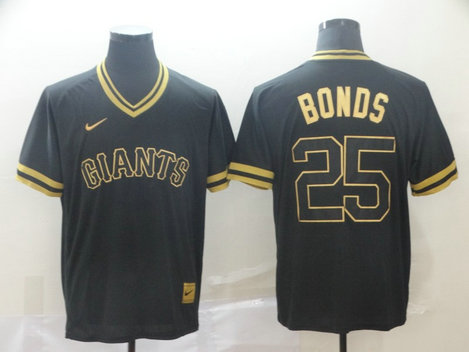 Giants 25 Barry Bonds Black Gold Nike Cooperstown Collection Legend V Neck Jersey