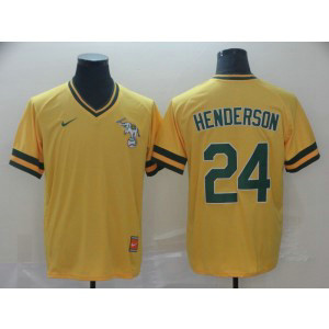 MLB Athletics 24 Rickey Henderson Yellow Nike Cooperstown Collection Legend V-Neck Men Jersey