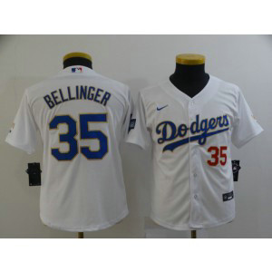MLB Dodgers 35 Cody Bellinger White Gold Champion Cool Base Youth Jersey