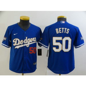 MLB Dodgers 50 Mookie Betts Blue Gold Champion Cool Base Youth Jersey