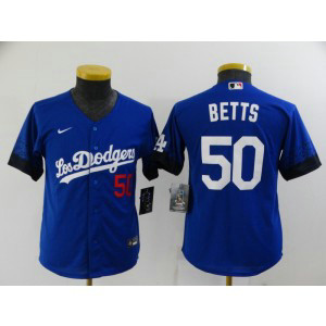 MLB Dodgers 50 Mookie Betts Royal 2021 City Connect Cool Base Youth Jersey
