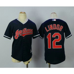 MLB Indians 12 Francisco Lindor Navy Blue New Cool Base Youth Jersey