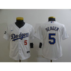 MLB LA Dodgers 5 Corey Seager White Gold Champion Cool Base Youth Jersey