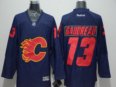 Men's Calgary Flames #13 Johnny Gaudreau Navy Blue Denim Fabric Fashion Jersey