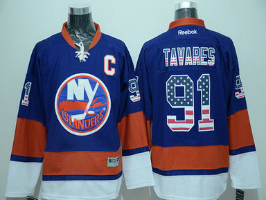 Men's New York Islanders #91 John Tavares Light Blue USA Flag Hockey Jersey