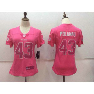 Nike Steelers 43 Troy Polamalu Pink Stitched NFL Limited Rush Fashion Women Jersey