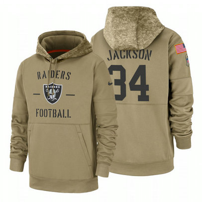 Oakland Raiders #34 Bo Jackson Nike Tan 2019 Salute To Service Name & Number Sideline Therma Pullover Hoodie
