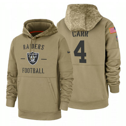 Oakland Raiders #4 Derek Carr Nike Tan 2019 Salute To Service Name & Number Sideline Therma Pullover Hoodie