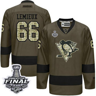 Penguins #66 Mario Lemieux Green Salute to Service 2017 Stanley Cup Final Patch Stitched NHL Jersey