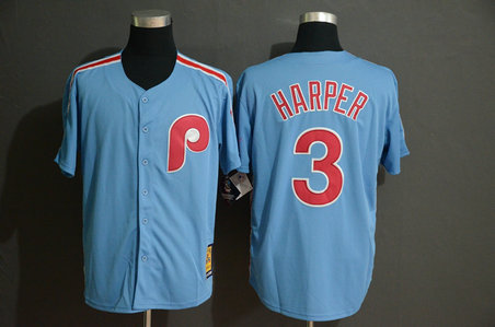 Phillies 3 Bryce Harper Light Blue Cool Base Cooperstown Jerseys