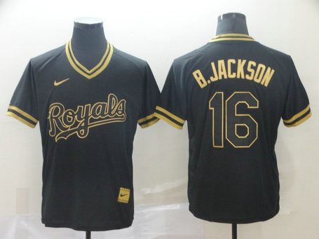 Royals 16 Bo Jackson Black Gold Nike Cooperstown Collection Legend V Neck Jersey