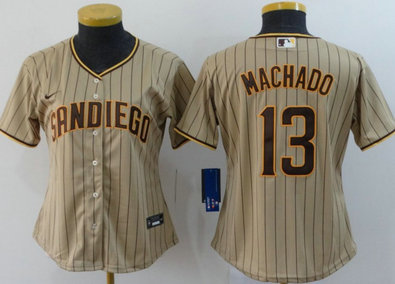 Women MLB Nike San Diego Padres #13 Manny Machado Brown Strip Cool Base Jersey