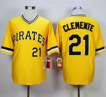1971 Pirates #21 Roberto Clemente Yellow Throwback Stitched Baseball Jersey