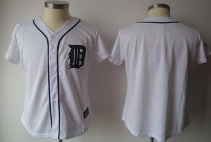 Women's Detroit Tigers Customized White With Navy Blue Jersey 