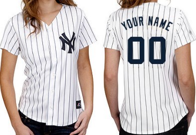 Women's New York Yankees Customized White With Navy Blue Pinstripe Jersey