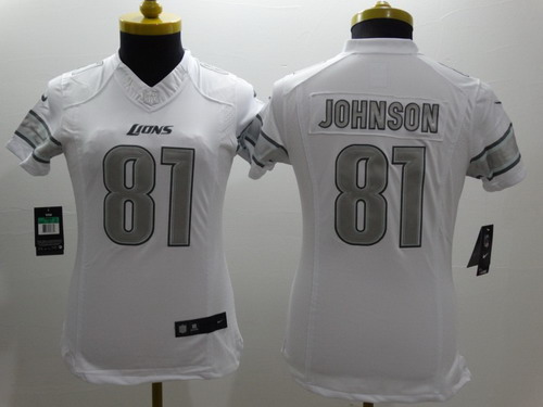 Nike Detroit Lions #81 Calvin Johnson Platinum White Limited Womens Jersey