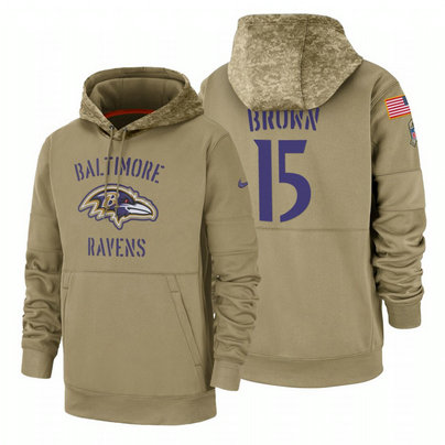 Baltimore Ravens #15 Marquise Brown Nike Tan 2019 Salute To Service Name & Number Sideline Therma Pullover Hoodie