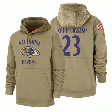 Baltimore Ravens #23 Tony Jefferson Nike Tan 2019 Salute To Service Name & Number Sideline Therma Pullover Hoodie