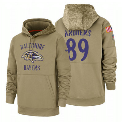 Baltimore Ravens #89 Mark Andrews Nike Tan 2019 Salute To Service Name & Number Sideline Therma Pullover Hoodie