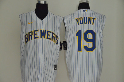 Brewers 19 Robin Yount White Gold Nike Cool Base Sleeveless Jersey
