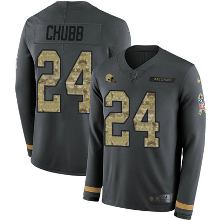 Browns #24 Nick Chubb Anthracite Salute to Service Men's Stitched Football Limited Therma Long Sleeve Jersey