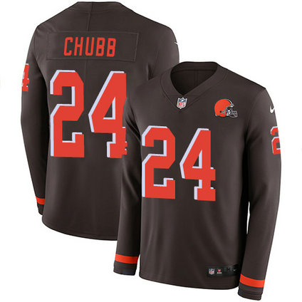 Browns #24 Nick Chubb Brown Team Color Men's Stitched Football Limited Therma Long Sleeve Jersey