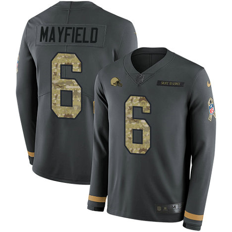 Browns #6 Baker Mayfield Anthracite Salute to Service Men's Stitched Football Limited Therma Long Sleeve Jersey