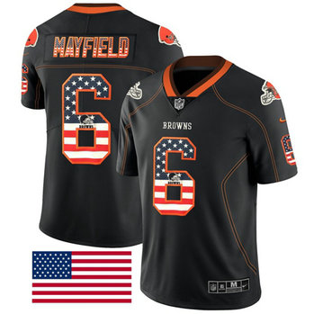 Browns #6 Baker Mayfield Black Men's Stitched Football Limited Rush USA Flag Jersey