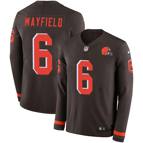 Browns #6 Baker Mayfield Brown Team Color Men's Stitched Football Limited Therma Long Sleeve Jersey