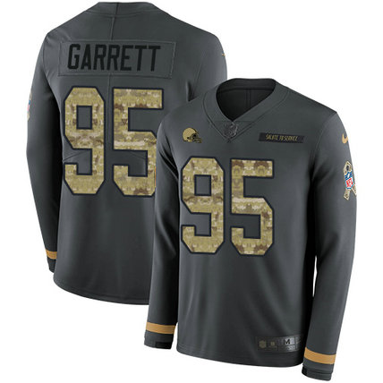 Browns #95 Myles Garrett Anthracite Salute to Service Men's Stitched Football Limited Therma Long Sleeve Jersey