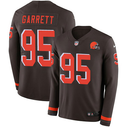 Browns #95 Myles Garrett Brown Team Color Men's Stitched Football Limited Therma Long Sleeve Jersey