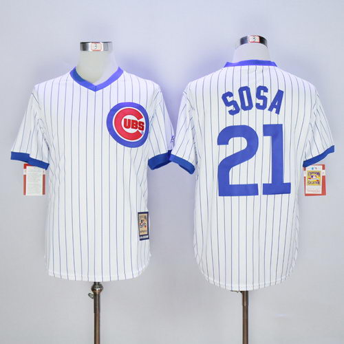 Chicago Cubs 21 Sammy Sosa White Pinstripe Throwback Cool Base Jersey