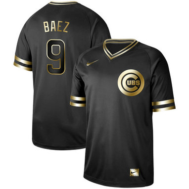 Cubs #9 Javier Baez Black Gold Nike Cooperstown Collection Legend V Neck Jersey