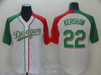 Dodgers #22 Clayton Kershaw White Red Green Split Cool Base Stitched Baseball Jersey