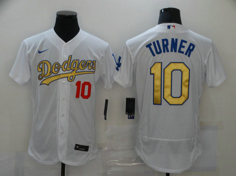 Dodgers 10 Justin Turner White Gold 2020 Nike Flexbase Jersey