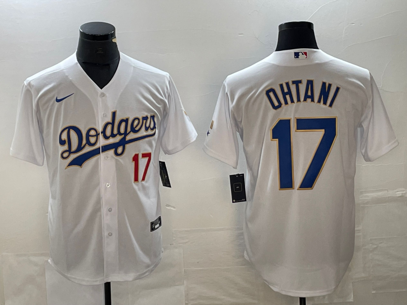 MLB Dodgers 17 Shohei Ohtani White Gold Nike Cool Base Men Jersey