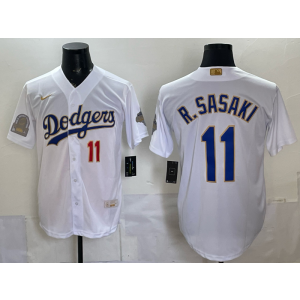 Los Angeles Dodgers 11 R.Sasaki White Gold World Series Champion Cool Base Men Jersey