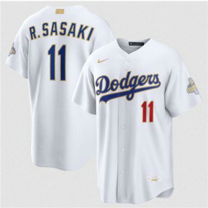 Los Angeles Dodgers 11 Roki Sasaki White 2026 Gold Champion Cool Base Men Jersey