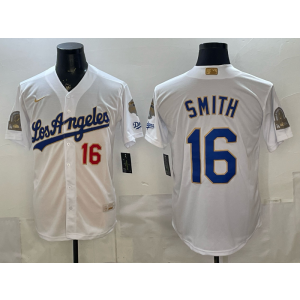 Los Angeles Dodgers 16 Smith White Gold Champion Cool Base Men Jersey