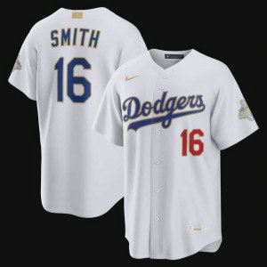 Los Angeles Dodgers 16 Will Smith White 2026 Gold Champion Cool Base Men Jersey