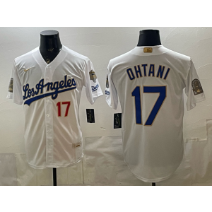 Los Angeles Dodgers 17 Ohtani White Gold World Series Champion Cool Base Men Jersey