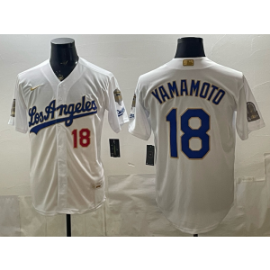 Los Angeles Dodgers 18 Yamamoto White Gold World Series Champion Cool Base Men Jersey