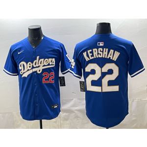 Los Angeles Dodgers 22 Clayton Kershaw Blue Gold Cool Base Men Jersey