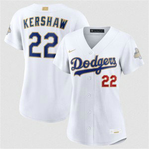 Los Angeles Dodgers 22 Clayton Kershaw White 2026 Gold Champion Cool Base Women Jersey