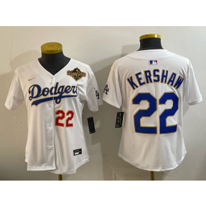 Los Angeles Dodgers 22 Clayton Kershaw White Gold World Series Cool Base Women Jersey