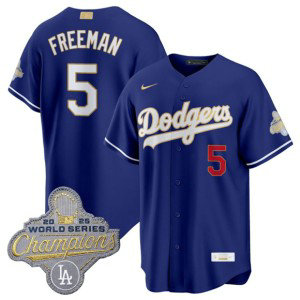 Los Angeles Dodgers 5 Freddie Freeman Royal 2026 Gold Champion Cool Base Men Jersey